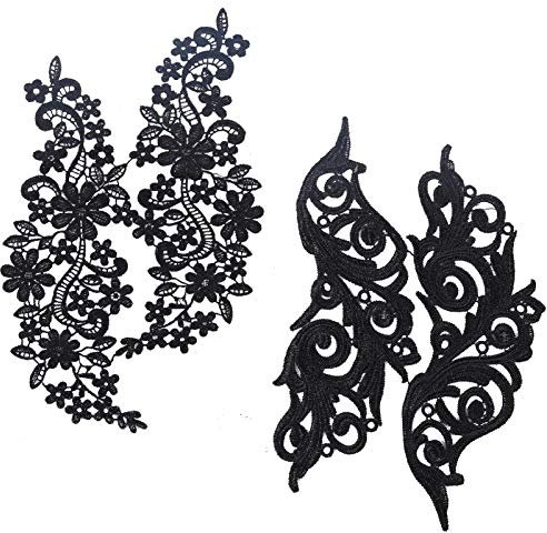 GORGECRAFT 2 Paar Spitzenapplikation Blumenstickerei Patch Schwarze Spitzenborte Kragen Für DIY Dekorierte Craft Nähkostüm (9.84x5.70, 11.41x5.11)