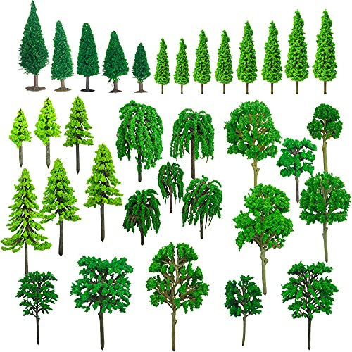 Cayway 34 Stück Modellbau Bäume Mixed Bäume Modellbau, 3~15.5CM Mixed Grün Modell Baum Zug Bäume Kunststoff Modell Bäume für DIY Landschaft Gartendeko, Modelllandschaft