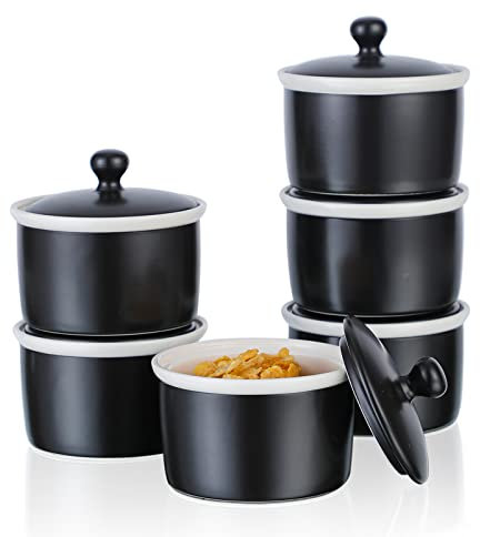 240ml Moldes para soufflé con Tapa, Candiicap Juego de 6 Moldes de Porcelana para Hornear, Pudín, Creme Brûlée, Tazas de Flan, Salsa para Servir (240ml, Negro Mate)
