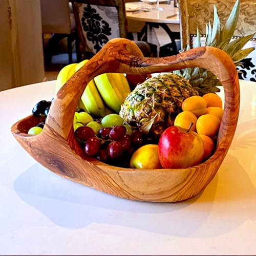 Fruit Basket with Handle | Handcrafted Olive Wood Decorative Bowl with Handle | Unique Design Natural Finish | Perfect for Serving Display Home Décor Eco-Friendly