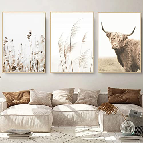 Sarah Duke 3er Moderne Poster Set Hochlandrinder Pampasgras Leinwand Bild Yak Kunstdrucke, Ohne Rahmen Wandbilder, Boho Deko Wanddeko für Wohnzimmer Schlafzimmer (50x70cm)