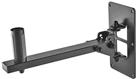 K&M 24169 Speaker Wall Mount with Three-Stage Tilt, 120° Swivel, Black Steel, Flange Socket, up to 37 mm Diameter