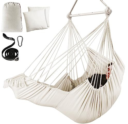Chihee Columpio Silla Hamaca Reposapiés Cojines Correa de Suspensión Mosquetón Incluido Barra separadora de Metal Plegable para un Almacenamiento fácil y Duradero Tejido de algodón Bolsillo Lateral