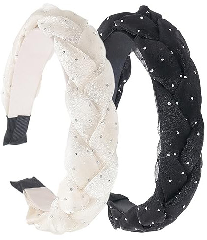 scicent Haarreif Damen 2 Stück Breites Stirnband Stern Haarreifen Glitzer Elastische Haarbänder Party Haarschmuck für Frauen Mädchen (Weiß Schwarz) - 15709