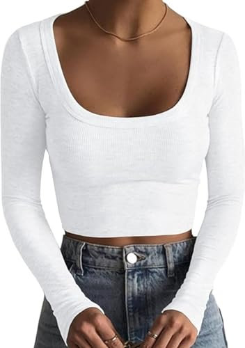 TrendiMax Camiseta de manga larga para mujer, cuello profundo, manga larga, parte superior, elástico, informal, camiseta, Blanco, L