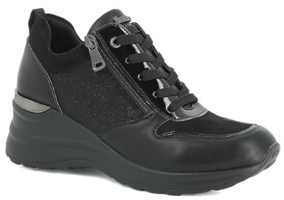 inblu Sneakers Donna con Tacco e Inserto Satinato, Scarpe da Ginnastica con Lacci e Cerniera, Nero, 38 EU