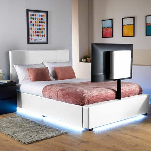 X-Rocker AVA Leather TV Bed with Rotating TV Mount 55, Storage and Cable Management, Ambient Underbed RGB LED Lighting Double 4ft6 Low Sleeper Bedstead, Upholstered Leather Frame XR LIVING - WHITE
