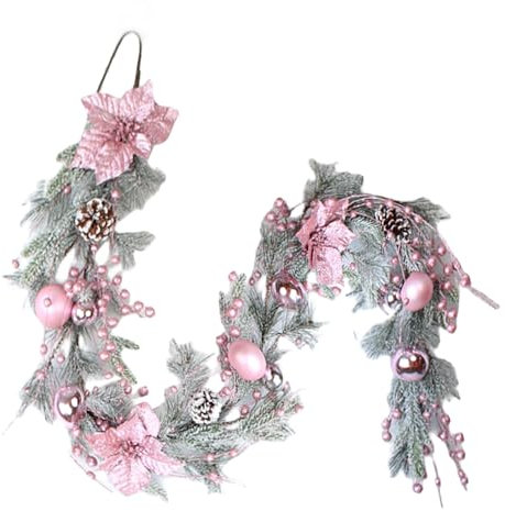 6FT Weihnachtsgirlande, hängende künstliche rosa Kranz Girlande mit Weihnachtsblume, Kiefernzapfen, Kugeln Ornament, Weihnachtskiefer Girlande für Tür Treppen Tür Indoor Outdoor Weihnachtsdekorationen