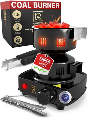 Shisha Coal Burner with Extra Long 150cm Cable - Removable Charcoal Basket, 2 Tongs & Durable 304 Steel Spiral | FIRE Tower by M. ROSENFELD | Perfect for Hookah Charcoal
