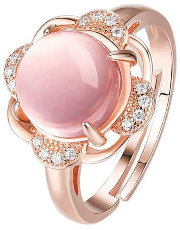 CALLARON vergoldete Ringe klassischer Ring Diamant-Ring Mädchenringe Edelsteinringe Mädchen klingeln Ring aus Roségold Silberringe Ring aus Rosenquarz Hibiskus-Stein Juhu Rosa