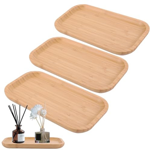 ZOFUN Lot de 3 plateaux de service rectangulaires en bambou - 25 x 14 x 2 cm - Plateau de salle de bain en bambou - Plateau de service - Grand plateau en bambou pour plantes grasses