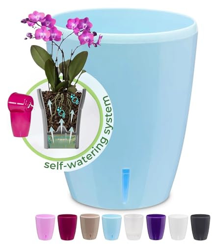 Happyplants ORCHIDEA Clear Orchid Self-Watering Flower Pot Planter With Water Level Indicator, Drainage Holes, 2-Pot System, Blue, Ø15CM - 2L