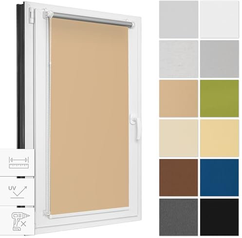 Estika Verdunklungsrollo ohne Bohren, Breite alle 1 cm - 80 cm x 120 cm - Beige - Thermorollo, Rollos für Fenster ohne Bohren, Sonnenschutz Fenster innen