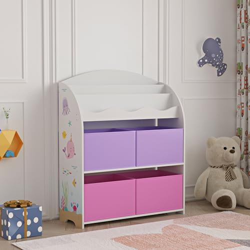 [en.casa] Scaffale per Cameretta con Contenitori a Scaletta Libreria 4 Scatole Pieghevoli Porta Giochi Mobile a Misura di Bimbi 97,5 x 82,5 x 29,5 cm Motivo Oceano - Viola/Rosa