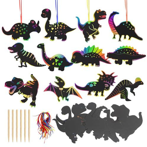 MONCAP 48 Stück Dinosaurier Kratzbilder Kinder Dinosaurier Bastelset Kratzpapier Dinosaurier Kreativ DIY Dinosaurier Scratch Art mit Holzstiften für Junge Mädchen Kindergeburtstag Party Mitgebsel