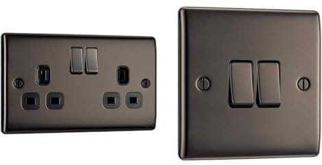 BG Electrical NBN22B-01 Double Switched Power Socket, Black Nickel, 13 Amp & Electrical NBN42 Double Light Switch, Black Nickel, 2-Way, 16AX