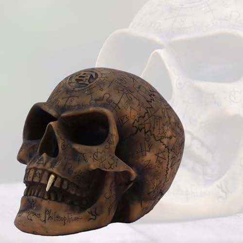 Tuzsocr 14 cm Tribal-Tattoo, goldener Zahnschädel, göttliche Symbole, Totenkopf, kreative Totenkopf-Runen-Skulptur, Harz-Totenkopf-Modell, gravierter heidnischer Schriftzug,