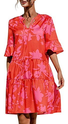 Sommerkleid Damen Knielang | Sommer Kleider Kleid Boho Strandkleider Teenager Mädchen Kurz V-Ausschnitt Glockenärmeln Kuchen-Patchworkkleid (0505C8 Hot Pink,XL)