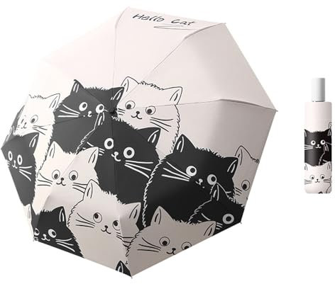 LEYILE Katzen-Regenschirm, 3-in-1 Regen- und Sonnenschirm, Schwarz, Automatisch/Manuell, Windresistent, Katzenmuster