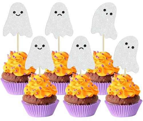 Cupcake Toppers Geister, 24 Stück Geister Kuchendekorationen, Geister Torten Dekoration, Halloween Cake Dekoration, Cake Toppers Lustige Geister, Thema Cake Toppers Halloween(D)