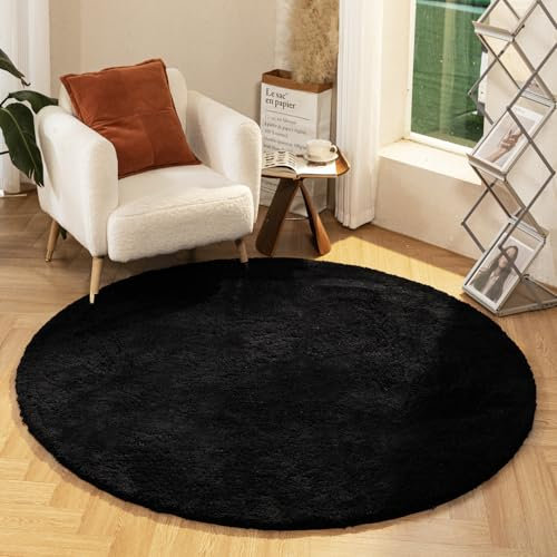 Latepis Teppich Rund 180 cm Schwarz Hochflor Flauschiger Wohnzimmer Runder Kunstfell Teppich Schlafzimmer Fellteppich Waschbar Groß