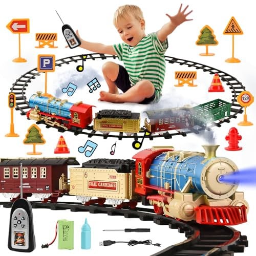 DAOUZL Tren Eléctrico para Niños, Juguete de Árbol de Navidad Con Humo, Luz y Sonidos, Control Remoto de Vapor, Juegos de Navidad (A)