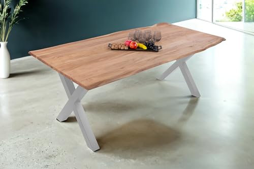 SAM Baumkantentisch 200 x 100 cm Dana, massiver Esstisch Eiche, Esszimmertisch mit X-Gestell aus Metall Silber, echte Baumkante, pflegeleichter Holztisch
