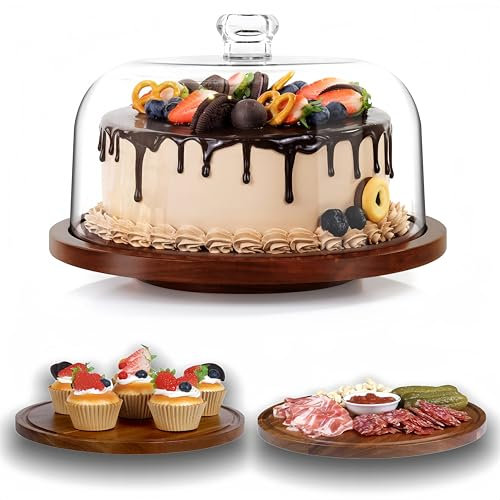 Acacia Wood Cake Stand with Lid - 12in Round Cake Holder,Rotating Cake Plate with Cover, Wooden Cake Display Stand with Acrylic Dome - Rotatable