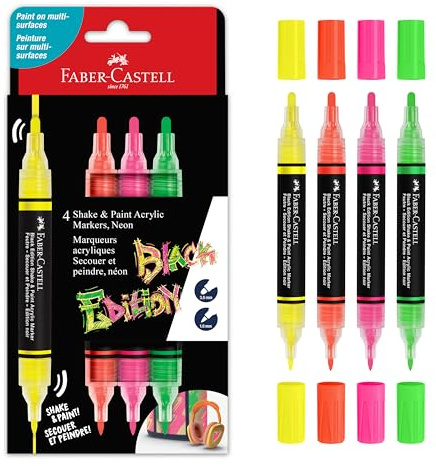Faber-Castell 285505 - Acrylmarker Shake&Paint Black Edition, 4 Acrylstifte, Marker mit 2 Rundspitzen (3 mm und 1 mm)