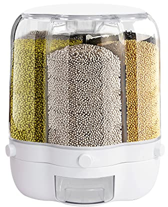 Duoruameng Dispensador de cereales, recipiente de almacenamiento con 6 rejillas, giratorio 360°, embudo en forma de prensa, dispensador de cereales, organización de cocina para cereales, nueces,