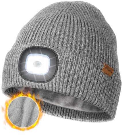 Wmcaps Mütze mit LED Licht, Wintermütze mit Dickem Warmen Futter, Integrierte Beleuchtete Type-C Wiederaufladbare Freisprech-Stirnlampe, Geschenke für Männer Frauen, Grau
