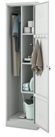 Jan Nowak Besenschrank Haushaltsschrank Metall - Agnes | 50 x 185 x 50 cm | Mehrzweckschrank mit Regale und Kleiderstange | Schloss, Belüftung | Putzschrank Schmal 50 cm Breit | Grau