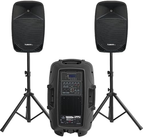 12inch PA Speaker System, 1000W High Powered Bluetooth Compatible Active + Passive Pair Outdoor Sound Speakers, Outdoor Karaoke Machine,FM Radio, Remote Control, 2 Speaker Stand, Supports SD Card/USB