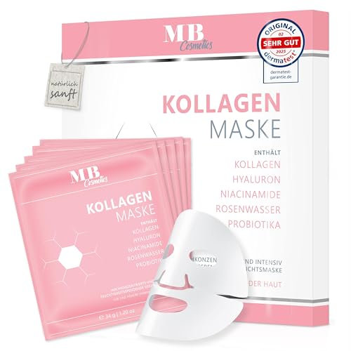 MB Cosmetics Masque au collagène – avec acide hyaluronique, niacinamides et probiotiques – masque visage hydratant en hydrogel pour réduire les rides. Ultra-concentré à 52 000 ppm, 5 masques.