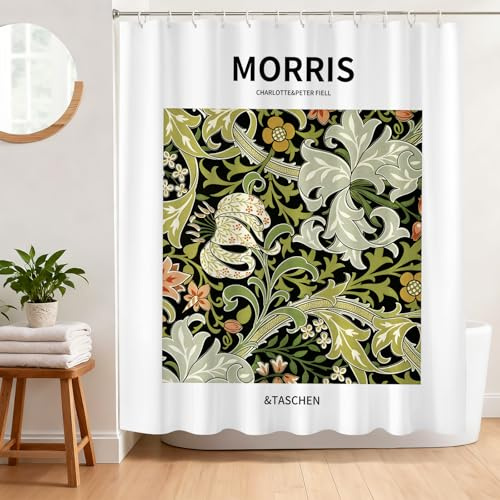 BREASOME William Morris Stil Duschvorhang 180x180 cm Anti-Schimmel Duschvorhang Blumen und Blätter Stoff Polyester Wasserdicht Badewanne Vorhang mit Ösen und 12 Haken