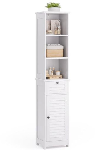 Xbro Mueble de Baño Alto, con 3 Estantes Abiertos, Cajón y Puerta, Armario Estrecho para Baño, Cocina, Salón, Estantes Ajustables, 34 x 30 x 163 cm, Blanco