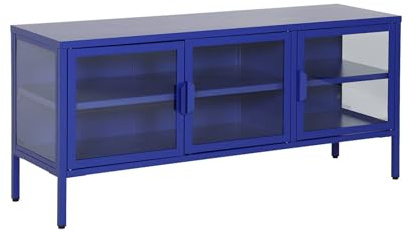 Alice's Garden Mobile TV Industriale in Metallo e Vetro temperato 3 Ante 120cm Blu - 120x35x55 cm