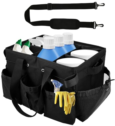 Cleaning Caddy with Handle, Shoulder Strap and Multiple Pockets, 38x26x23cm Large Capacity Cleaning Products Organiser for Housekeepers, Oxford Fabric Car Wash Tools Bag for Detailing Supplies (black)
