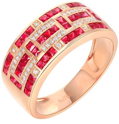 Anelli In Oro 18 Kt Donna, Fede Nuziale Rosso 1.12 Carati Ruby Creato In Laboratorio Fila Di Perforazione Oro Rosa 750 con Moissanite Misura 8