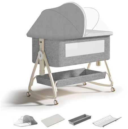 RIKCAT 4-in-1 Beistellbett Baby,Convertible Babybett für Co-Sleeping,Baby Reisebett mit Matratze,6 Höhenverstellbar Stubenwagen Baby mit Rollen,Faltbar Kinderbett von 1 bis 36 Monaten (Gray)