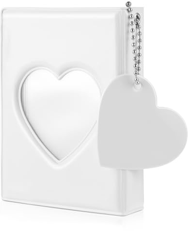 DOPENSPI 9cm Photocard Binder, 32 Fotokartentaschen Mini Photocard Halterbuch Herzförmiger Ausgehöhlter Fotokartenordner mit Liebe Anhänger(Weiß)