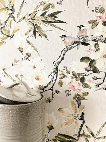 Newroom Vliestapete Beige Magnolien Blumen Tapete Wohnzimmer | Chinoiserie-Motiv mit Blütenzweigen und Vögeln auf Ast, Landhausstil Vintage, Mustertapete für Schlafzimmer, Papierstruktur