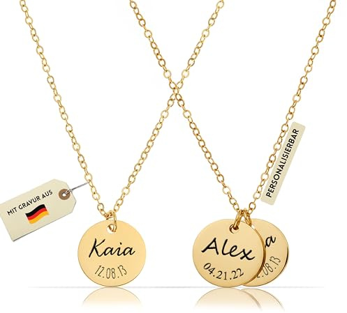 Made by Nami Personalisierte Kette mit Gravur Gold Silber Rosé 40 + 5 cm 316L Edelstahl Plättchenkette mit Kindernamen Babyfuß Geschenk Mama Geburt Kette mit Namen oder Wunschgravur