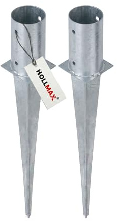 HOLLMAX 2 Stk. Einschlaghülsen/Bodenhülsen rund (81 mm), silber verzinkt, für gefräste und teilgefräste Pfosten