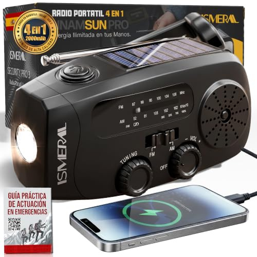 Radio Portatil 2000 mAh Radio FM/Am Linterna LED+ Sos +Manual Supervivencia | 3 Modos de Carga: Manivela, Panel Solar y USB. Incluye Manual de Emergencias; Ideal para Apagones, Camping y Supervivencia.