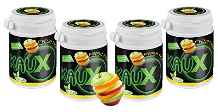kauX Xylitol Zahnpflege-Kaugummi ohne Aspartam, 4'er Pack Fresh Fruit (60g=40 Stück pro Dose)
