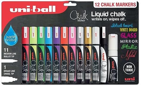 uni-ball Liquid Chalk Pens. Multi-Purpose Wipeable and Erasable Coloured Markers for Blackboards Chalkboards Whiteboards Glass Mirrors Plastic Windows Metal. Non Toxic. Multipack Set of 12