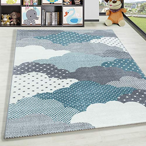 HomebyHome Kinderteppich Kurzflor Wolken Design Kinderzimmer Babyzimmer Spielzimmer 8 mm Florhöhe Weich Rechteckig Rund Läufer Blau, Farbe:Blau, Grösse:120 cm Rund