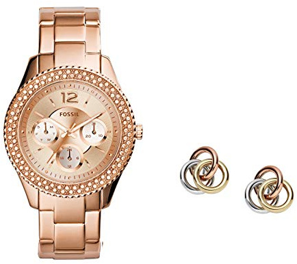 Fossil Damen Analog Quarz Uhr mit Edelstahl Armband ES3590 + Damen Ohrstecker Tri-Tone Circle