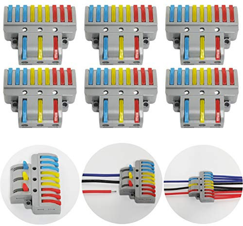 CTRICALVER 6 Pezzi Cavo Connettore, 3 in 9 out Bilaterale Conduttore Compatto Connettore, Morsettiera Connettore Molla, Con viti di montaggio